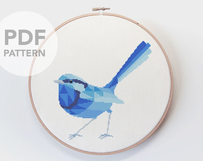 Wren cross stitch, Cross stitch pattern, Australia cross stitch, Cross stitch PDF, Blue wren art, Fairy wren cross stitch, Wren embroidery
