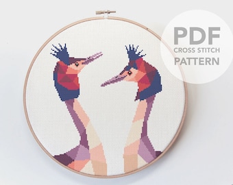 Grebe modern cross stitch art, Easy cross stitch, Charley harper, Cross stitch pattern, Great crested grebe, Grebe, Grebe pair, Love birds