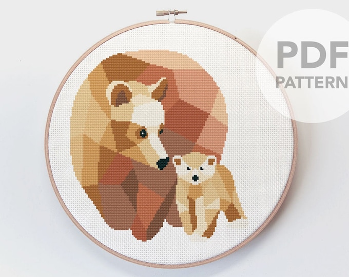 Bear cross stitch art, Bear, Baby bear art, Bear embroidery, PDF cross stitch, Geometric bears, Digital cross stitch, Minimal cross stitch