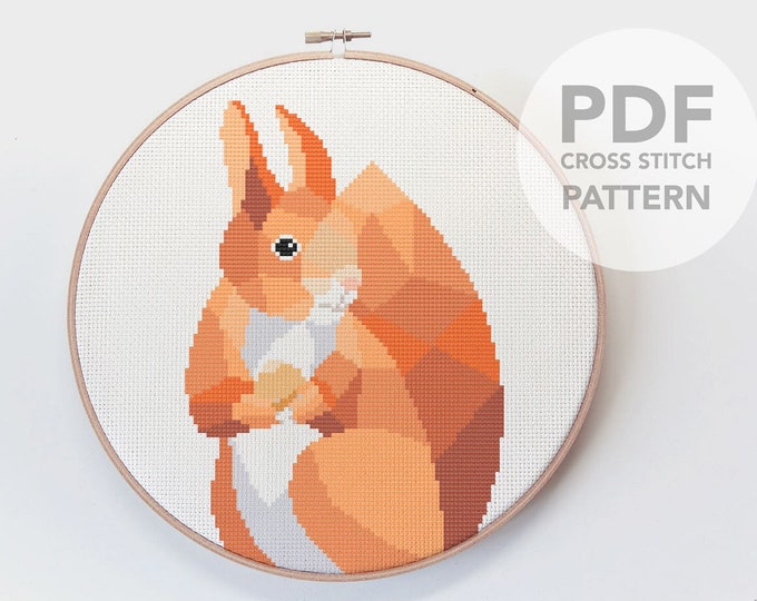 Squirrel cross stitch, Cross stitch pattern, Cross stitch pdf, Squirrel cross stitch pattern, First cross stitch, Woodland animals, Squirrel