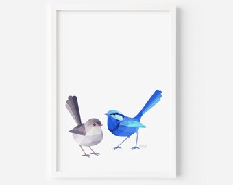 Wren Print | Wren Art | Wren Pair | Wren Illustration | Bird Pair | Blue Wren | Fairy Wren | Australian Birds | Australian Wildlife Art