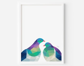 Kereru Print - New Zealand Print - Kereru Art - New Zealand Artist - New Zealand Interior Decor - Kiwi Style - Love Birds - Bird Pair Art