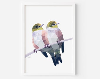 Silvereye Print - Waxeye Pair - Silvereye Art - Bird Art - New Zealand Birds - New Zealand Decor - Kiwi - New Zealand Cards - Wildlife Art