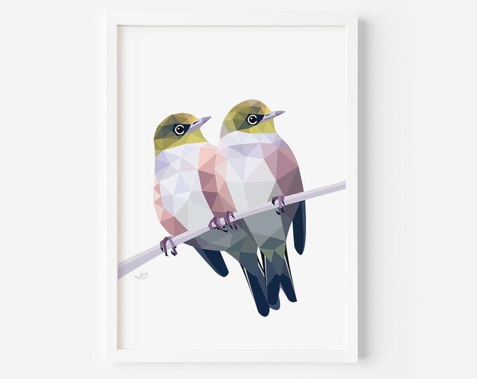 Silvereye Print - Waxeye Pair - Silvereye Art - Bird Art - New Zealand Birds - New Zealand Decor - Kiwi - New Zealand Cards - Wildlife Art