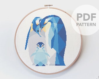Penguin Family Cross Stitch Pattern: Geometric Nursery Art (PDF Pattern)