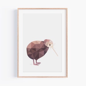 Peut inclure: Une impression encadr&eacute;e repr&eacute;sentant un kiwi g&eacute;om&eacute;trique. L'oiseau est rendu dans des tons bruns et roses, avec un long bec et des pattes d&eacute;licates. L'&oelig;uvre est pos&eacute;e sur un fond blanc.