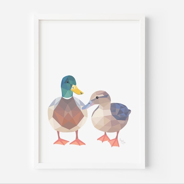 Duck Print | Duck Pair Art | Duck Illustration | New Zealand Birds | Nursery Art | Geometric Duck | Animal wall art | Wildlife Art | Ducks