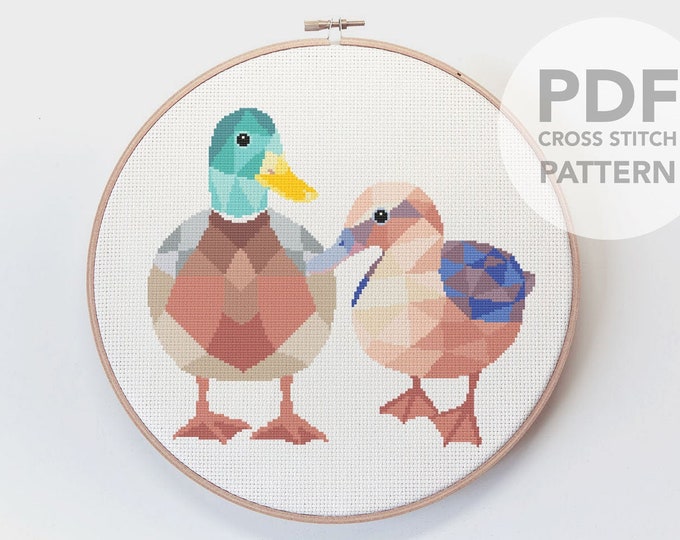 Duck cross stitch pattern, Cross stitch pattern, New Zealand cross stitch pattern, Duck pair art, Cute cross stitch, Geometric animal art