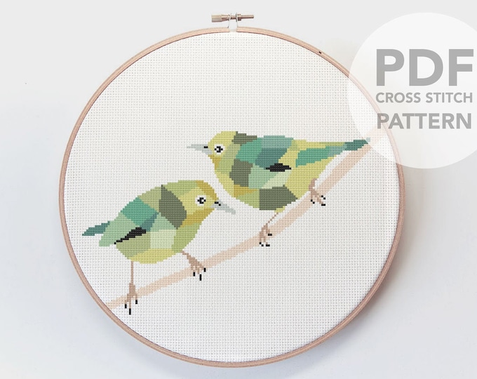 Silvereyes cross stitch, Cross stitch pattern, Cute cross stitch, Waxeyes, New Zealand birds, New Zealand art, Cross stitch art, Bird art