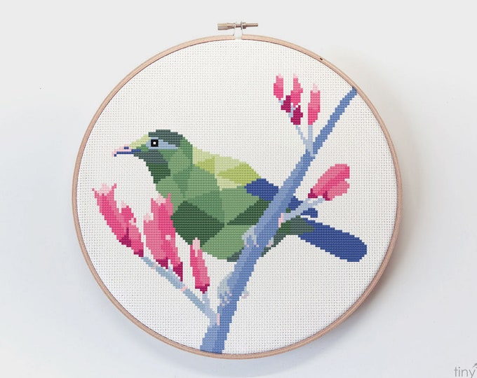 Bellbird cross stitch pdf, Cross stitch pattern, Geometric cross stitch, New Zealand cross stitch art, Easy cross stitch, Kiwi cross stitch