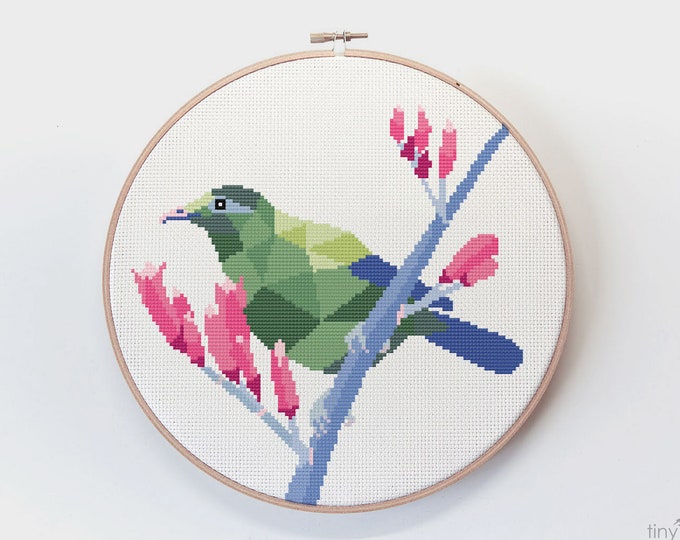 Cross stitch pattern, Geometric cross stitch, New Zealand cross stitch art, Bellbird cross stitch pdf, Easy cross stitch, Kiwi cross stitch