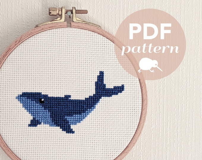 Whale cross stitch pattern, Whale cross stitch pdf, Instant cross stitch pattern, Easy cross stitch, Beginner cross stitch, Blue whale art