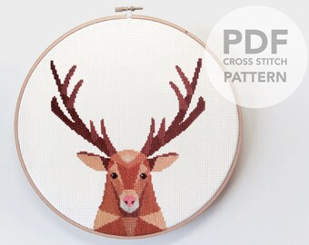 Geometric Deer Cross Stitch Pattern: Stag Head Embroidery (PDF)
