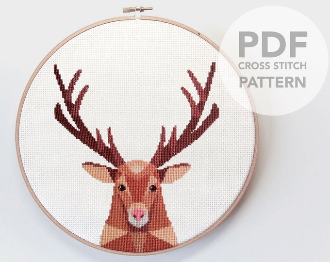Deer cross stitch art, Deer art, Deer embroidery, PDF cross stitch, Geometric deer, Minimal cross stitch, Stag head cross stitch, Stag art