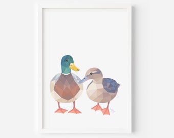 Duck Print | Duck Pair Art | Duck Illustration | New Zealand Birds | Nursery Art | Geometric Duck | Animal wall art | Wildlife Art | Ducks