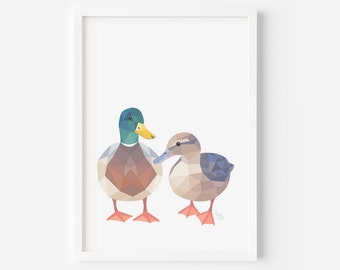 Geometric Duck Pair Art Print: New Zealand Birds Nursery Decor
