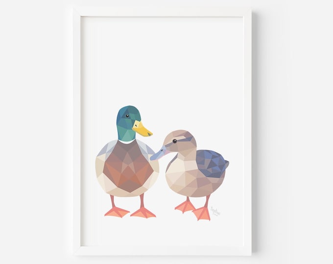 Duck Print | Duck Pair Art | Duck Illustration | New Zealand Birds | Nursery Art | Geometric Duck | Animal wall art | Wildlife Art | Ducks