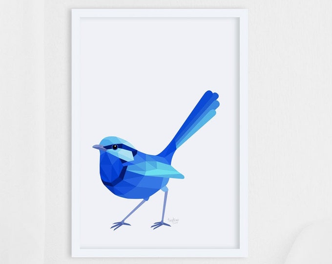 Wren print, Wren art, Wren illustration, Blue wren, Fairy wren art, Blue wren pair, Australian wren, Wren wall art, Australian wall art