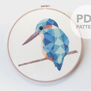 Cross stitch pattern, Kingfisher cross stitch, Cross stitch PDF, Easy cross stitch pattern, Kingfisher art, Geometric cross stitch, Bird art image 1