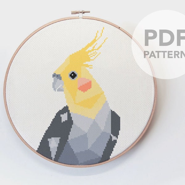 Cross stitch pattern, Cockatiel cross stitch, Cross stitch pattern, Cute cross stitch pattern, Pet bird art, Geometric cross stitch, Birds