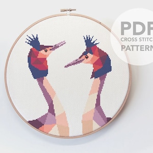 Grebe modern cross stitch art, Easy cross stitch, Charley harper, Cross stitch pattern, Great crested grebe, Grebe, Grebe pair, Love birds