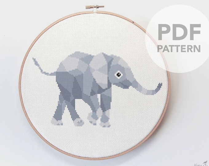 Elephant cross stitch, Charley harper embroidery, Birth announcement embroidery, Geometric elephant, Nursery cross stitch, Cute embroidery