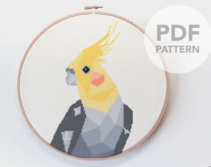 Cockatiel cross stitch, Cross stitch pattern, Cross stitch pattern, Cute cross stitch pattern, Pet bird art, Geometric cross stitch, Birds