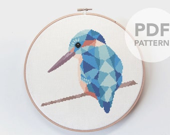 Cross stitch pattern, Kingfisher cross stitch, Cross stitch PDF, Easy cross stitch pattern, Kingfisher art, Geometric cross stitch, Bird art