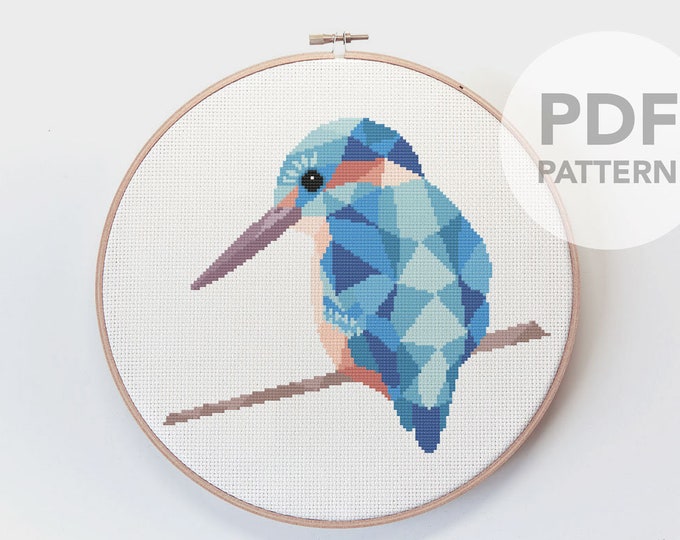 Cross stitch pattern, Kingfisher cross stitch, Cross stitch PDF, Easy cross stitch pattern, Kingfisher art, Geometric cross stitch, Bird art