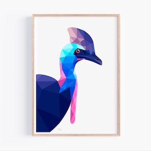 Stampa artistica di casuario geometrico colorato - Decorazione murale di uccelli tropicali vivaci, illustrazione moderna della fauna selvatica, arte minimalista minimalista minimalista