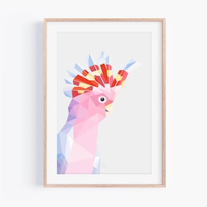 Stampa artistica di cacatua rosa, arte murale geometrica di uccelli, poster minimalista di pappagallo, arredamento moderno della fauna selvatica, uccello cacatua australiano, regalo tropicale