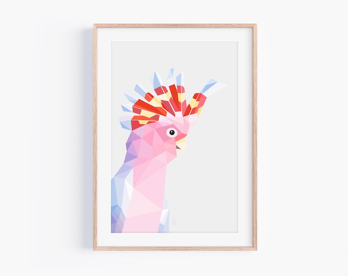 Pink Cockatoo Art Print, Geometric Bird Wall Art, Minimalist Parrot Poster, Modern Wildlife Decor, Australian Cockatoo bird, Tropical gift