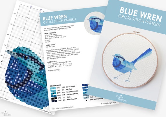 Wren cross stitch Blue wren art Fairy wren cross stitch Cross stitch PDF Wren embroidery Cross stitch pattern Australia cross stitch