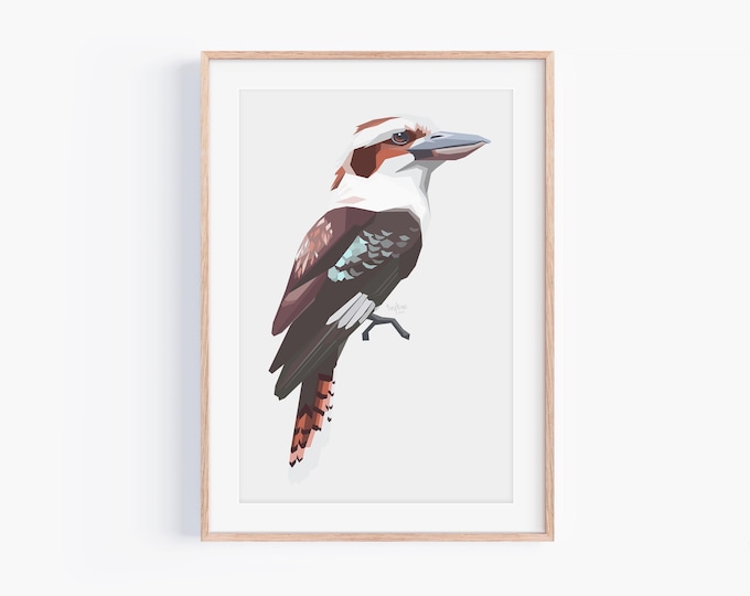 Laughing kookaburra geometric print - kingfisher wall art - Australian bird decor - native wildlife poster - minimal nature gift - bushland