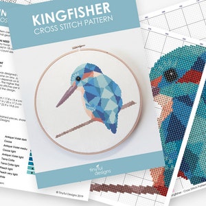 Cross stitch pattern, Kingfisher cross stitch, Cross stitch PDF, Easy cross stitch pattern, Kingfisher art, Geometric cross stitch, Bird art image 2