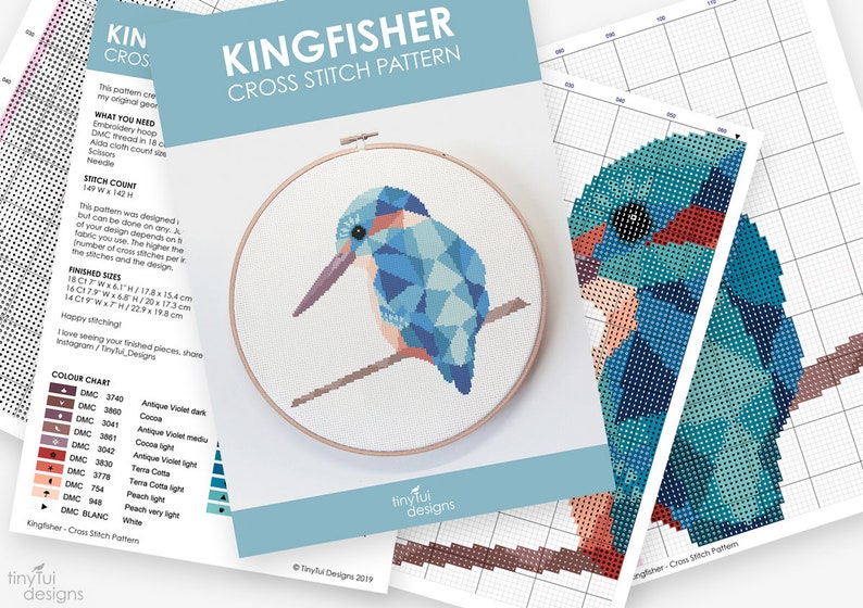 Cross stitch pattern, Kingfisher cross stitch, Cross stitch PDF, Easy cross stitch pattern, Kingfisher art, Geometric cross stitch, Bird art image 2
