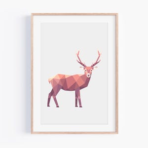 Stampa di cervo rosso - Arte murale minimalista della fauna selvatica - Decorazione moderna geometrica della natura - Illustrazione di animali nordici - Poster geometrico di cervo