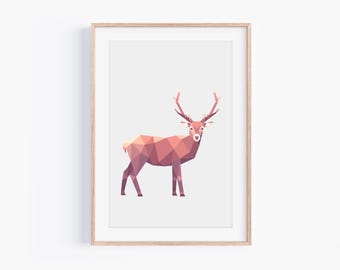 Red Deer Print - Minimalist Wildlife Wall Art - Modern Geometric Nature Decor - Nordic Animal Illustration - Geometric Stag Poster