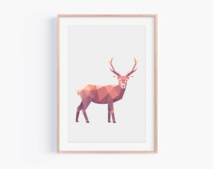 Red Deer Print - Minimalist Wildlife Wall Art - Modern Geometric Nature Decor - Nordic Animal Illustration - Geometric Stag Poster