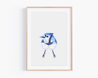 Blue Jay front on Art Print - Modern Bird Wall Art - Minimal Nature Decor - Jay Poster - Wildlife Illustration - Modern Geometric Minimalist