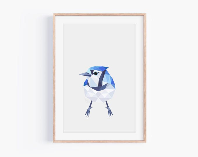 Blue Jay front on Art Print - Modern Bird Wall Art - Minimal Nature Decor - Jay Poster - Wildlife Illustration - Modern Geometric Minimalist