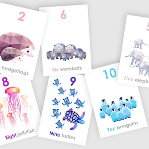 Tarjetas de arte con números, Tarjetas de conteo, 123 impresiones, Juego de 123, Arte mural educativo, Arte de educación en el hogar, Tarjetas de educación en el hogar, Arte animal, Arte mural de Nueva Zelanda hecho en Nueva Zelanda