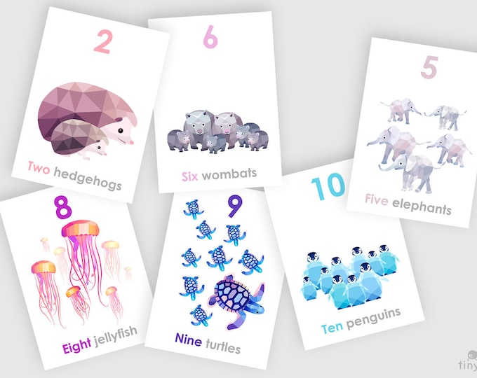 Number art cards, Counting cards, 123 prints, 123 set, Education wall art, Homeschool art, Homeschool cards, Animal art, NZ Wall art NZ Made