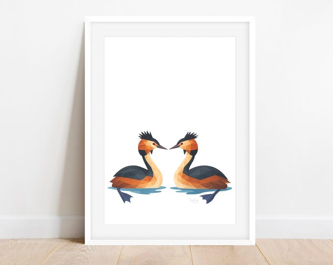 Pūteketeke Bird Print - Aotearoa Wall Art - NZ Native Bird of the Century - Australasian Crested Grebe Poster - Lake Wetland Wildlife Decor