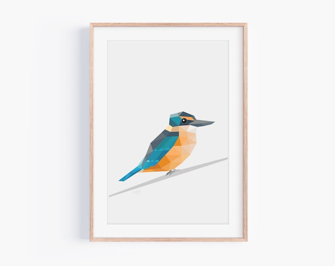 Sacred Kingfisher Wall Art - Kotare Bird Geometric Illustration, New Zealand Wildlife Decor, Kiwi Print, Home Decor, Unique Bird Art Gift
