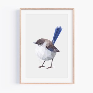 Superbo maschio di Fairywren - Arte murale geometrica di uccelli - Stampa minimalista di fauna selvatica australiana - Decorazione moderna della natura - Illustrazione di Blue Wren - Regalo