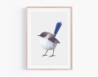 Superb Fairywren male - Geometric Bird Wall Art - Minimalist Australian Wildlife Print - Modern Nature Decor - Blue Wren Illustration - Gift