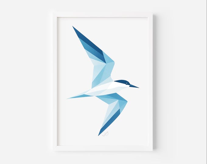 White-fronted Tern Geometric Print - NZ Tara Bird Wall Art - Ocean birds Coastal Decor - Minimalist Aotearoa Wildlife Illustration Gift Idea