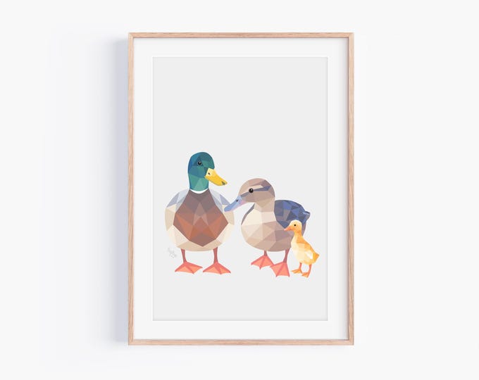 Duck Family of 3 Art Print - Modern Minimalist Bird Wall Decor - Mallard, Wall Art Decorations, Geometric Illustration - Nature Nursery Gift