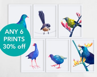 SALE New Zealand Art - Any Set of 6 - Bulk Print Set - New Zealand Prints - New Zealand - New Zealand Birds - Kiwi Art - Kea Painting